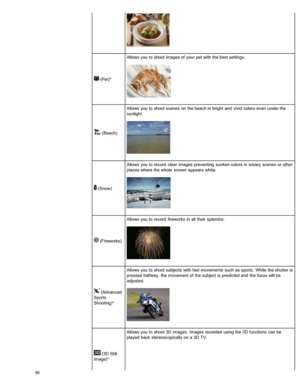 Page 73 (Pet)*Allows you  to  shoot  images of  your  pet with  the best settings.
 (Beach)Allows you  to  shoot  scenes  on  the beach in  bright  and  vivid  colors  even  under the
sunlight.
 (Snow)
Allows you  to  record  clear  images preventing  sunken colors  in  snowy  scenes  or other
places where the whole  screen  appears  white.
 (Fireworks)
Allows you  to  record  fireworks  in  all  their  splendor.
 (Advanced
Sports
Shooting)* Allows you  to  shoot  subjects  with  fast  movements  such  as...