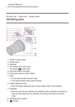 Page 17Instruction Manual (1)
Wi-Fi Connection/One-touch  (NFC) Guide (1)
[2] How  to Use
Before  UseNames of parts
Identifying parts
1 .  ON/OFF  (Power)  button
2 .  Shutter button
3 .  Mode  dial
4 .  For shooting: W/T (zoom) lever 
For viewing: 
 (Index) lever
5 .  Self-timer lamp/AF Illuminator
6 .  GPS receiver (built-in) (DSC -HX90V)
7 .  Flash
Do not cover  the flash with your  finger.
If not using the flash, press  it down manually.
8 .  Diopter-adjustment lever
Move  the diopter-adjustment lever until...