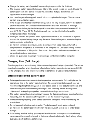 Page 185Charge the battery pack (supplied) before using the product for the first time.
The charged battery pack will discharge little by little even if you do not use it. Charge the
battery pack each time before you use the product so that you do not miss any
opportunities to shoot  images.
You can charge the battery pack even if it is not completely discharged. You can use a
partially  charged battery pack.
If the charge lamp flashes when the battery pack is not fully charged, remove the battery
pack or...