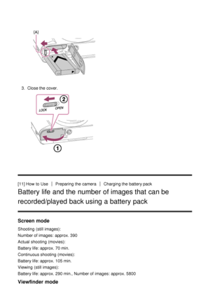 Page 323.  Close the cover.
[11] How  to UsePreparing the cameraCharging the battery pack
Battery life and the number of images that can be
recorded/played back using a battery pack
Screen mode
Shooting  (still images):
Number of images:  approx. 390
Actual shooting (movies):
Battery life: approx. 70 min.
Continuous shooting (movies):
Battery life: approx. 105 min.
Viewing  (still images):
Battery life: approx. 290 min., Number of images:  approx. 5800
Viewfinder mode 