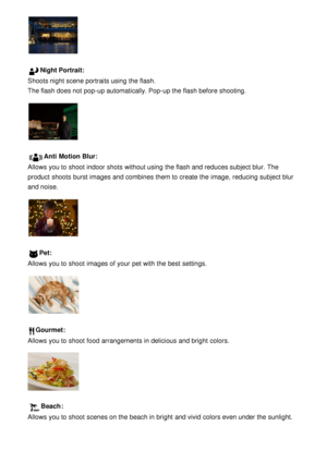 Page 53Night Portrait:
Shoots night scene portraits using the flash.
The flash does not pop-up automatically. Pop-up the flash before shooting.
Anti  Motion Blur:
Allows you to shoot  indoor shots without using the flash and reduces subject blur.  The
product shoots  burst images and combines them to create the image,  reducing subject blur
and noise.
Pet:
Allows you to shoot  images of your  pet with the best settings.
Gourmet:
Allows you to shoot  food  arrangements in delicious and bright  colors.
Beach :...