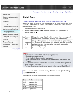 Page 114Cyber-shot User GuidePrint
Search
Before  Use
Confirming the operation
method
Shooting
Viewing
Useful shooting functions
Useful viewing  functions
Changing  settings
Viewing images on a TV
Using with your  computer
Printing
Troubleshooting
Precautions  /  About  this
camera
  Contents  list
Top page  > Changing  settings  > Shooting  Settings  > Digital Zoom
Digital Zoom
Total zoom scale  when using Smart  zoom (including  optical zoom 35×)
Selects  the digital  zoom mode. The camera  enlarges the image...