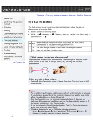 Page 115Cyber-shot User GuidePrint
Search
Before  Use
Confirming the operation
method
Shooting
Viewing
Useful shooting functions
Useful viewing  functions
Changing  settings
Viewing images on a TV
Using with your  computer
Printing
Troubleshooting
Precautions  /  About  this
camera
  Contents  list
Top page  > Changing  settings  > Shooting  Settings  > Red Eye Reduction
Red Eye Reduction
The flash strobes  two or more  times before shooting to reduce the red-eye
phenomenon when using flash.
1 .  Set the camera...