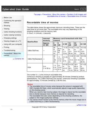 Page 177Cyber-shot User GuidePrint
Search
Before  Use
Confirming the operation
method
Shooting
Viewing
Useful shooting functions
Useful viewing  functions
Changing  settings
Viewing images on a TV
Using with your  computer
Printing
Troubleshooting
Precautions  /  About  this
camera
  Contents  list
Top page  > Precautions  /  About  this camera  > Number of still images and
recordable time of movies > Recordable time of movies
Recordable time of movies
The table below  shows the approximate maximum  recording...