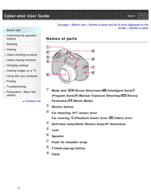Page 27Cyber-shot User GuidePrint
Search
Before  Use
Confirming the operation
method
Shooting
Viewing
Useful shooting functions
Useful viewing  functions
Changing  settings
Viewing images on a TV
Using with your  computer
Printing
Troubleshooting
Precautions  /  About  this
camera
  Contents  list
Top page  > Before  Use  > Names of parts and  list of icons  displayed on the
screen > Names of parts
Names of parts
Mode  dial:  (Scene Selection)/ (Intelligent Auto)/
(Program Auto)/ (Manual  Exposure Shooting)/...