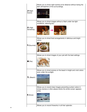 Page 49 (Night
Scene)
Allows you  to shoot night scenes at far distance without losing  the
dark  atmosphere  of the surroundings.
 (High
Sensitivity) Allows you  to shoot images without a flash under low light
conditions, reducing blur.
 (Gourmet)
Allows you  to shoot food  arrangements in delicious and  bright
colors.
 (Pet)
Allows you  to shoot images of your  pet with the best settings.
 (Beach)Allows you  to shoot scenes on the beach in bright and  vivid  colors
even under the sunlight.
 (Snow) Allows you...