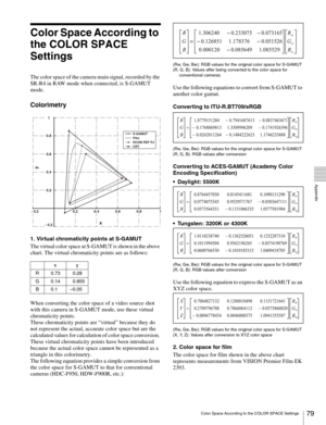 Page 79
79Color Space According to the COLOR SPACE Settings
  Appendix
Color Space According to 
the COLOR SPACE 
Settings
The color space of the camera main signal, recorded by the 
SR-R4 in RAW mode when connected, is S-GAMUT 
mode.
Colorimetry
1. Virtual chromaticity points at S-GAMUT
The virtual color space at S-GAMUT is shown in the above 
chart. The virtual chromaticity points are as follows:
When converting the color space of a video source shot 
with this camera in S-GAMUT mode, use these virtual...
