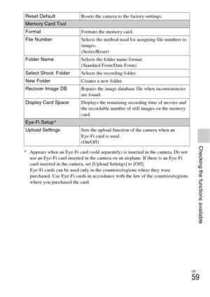 Page 59GB
59
Checking the functions available
* Appears when an Eye-Fi card (sold separately) is inserted in the camera. Do not 
use an Eye-Fi card inserted in the camera on an airplane. If there is an Eye-Fi 
card inserted in the camera, set [Upload Settings] to [Off].
Eye-Fi cards can be used only in the countries/regions where they were 
purchased. Use Eye-Fi cards in accordance with the law of the countries/regions 
where you purchased the card. Reset DefaultResets the camera to the factory-settings.
Memory...