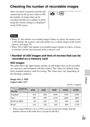 Page 69GB
69
Others
Others
Checking the number of recordable images
 When “0” (the number of recordable images) flashes in yellow, the memory card 
is full. Replace the memory card with another one, or delete images in the current 
memory card (page 29).
 When “NO CARD” (the number of recordable images) flashes in yellow, it means 
no memory card has been inserted. Insert a memory card.
xNumber of still images and time of movies that can be 
recorded on a memory card
Still imagesThe table shows the approximate...