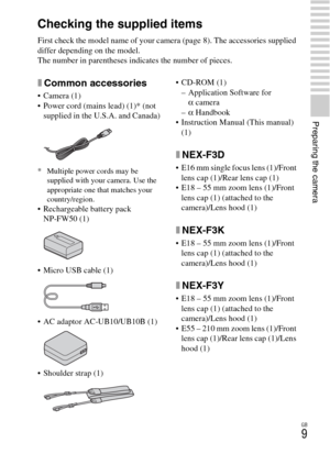 Page 9GB
9
Preparing the camera
Preparing the camera
Checking the supplied items
First check the model name of your camera (page 8). The accessories supplied 
differ depending on the model.
The number in parentheses indicates the number of pieces.
xCommon accessories
 Camera (1)
 Power cord (mains lead) (1)* (not 
supplied in the U.S.A. and Canada)
* Multiple power cords may be 
supplied with your camera. Use the 
appropriate one that matches your 
country/region.
 Rechargeable battery pack 
NP-FW50 (1)
 Micro...