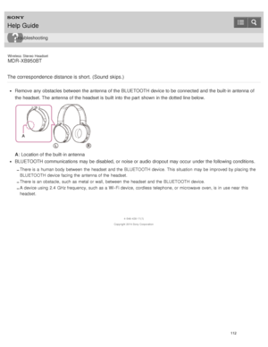 Page 116Wireless  Stereo  Headset
MDR -XB950BT
The correspondence distance is short. (Sound skips.)
Remove  any obstacles  between the antenna of the BLUETOOTH device to be connected and the built-in antenna of
the headset. The  antenna of the headset is  built into the part  shown in the dotted line below.
A : Location of the built-in antenna
BLUETOOTH communications  may be disabled,  or noise or audio  dropout may occur  under the following conditions.
There is a  human body  between  the  headset  and the...