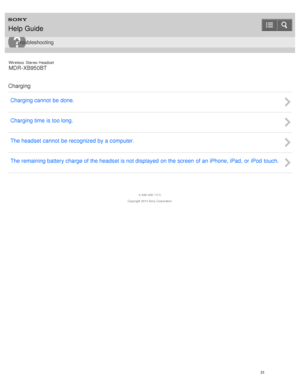 Page 35Wireless  Stereo  Headset
MDR -XB950BT
Charging Charging cannot  be done.
Charging time is too long.
The headset cannot  be recognized by a computer.
The remaining battery charge of the headset is not displayed on the screen  of an iPhone, iPad,  or iPod  touch.
4 -546 -438 -11(1)
Copyright  2014 Sony  Corporation
Help Guide
Troubleshooting
31  