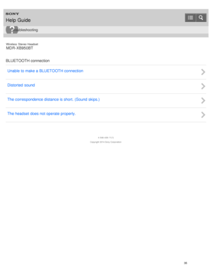 Page 39Wireless  Stereo  Headset
MDR -XB950BT
BLUETOOTH connection Unable to make a BLUETOOTH connection
Distorted  sound
The correspondence distance is short. (Sound skips.)
The headset does not operate properly.
4 -546 -438 -11(1)
Copyright  2014 Sony  Corporation
Help Guide
Troubleshooting
35  