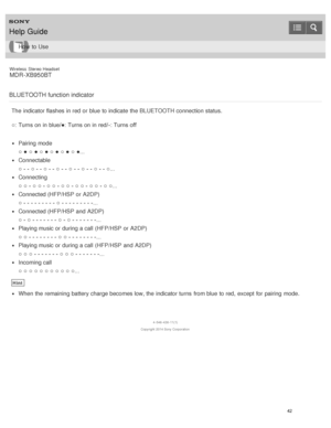 Page 46Wireless  Stereo  Headset
MDR -XB950BT
BLUETOOTH function indicator
The  indicator flashes in red  or blue to indicate  the BLUETOOTH connection status.
○: Turns on in blue/●: Turns on in red/ -: Turns off
Pairing mode
○ ● ○ ● ○ ● ○ ● ○ ● ○ ●...
Connectable
○ - - ○ - - ○ - - ○ - - ○ - - ○ - - ○ - - ○...
Connecting
○ ○ - ○ ○ - ○ ○ - ○ ○ - ○ ○ - ○ ○ - ○ ○...
Connected (HFP/HSP or A2DP)
○ - - - - - - - - - ○ - - - - - - - - -...
Connected (HFP/HSP and A2DP)
○ - ○ - - - - - - - ○ - ○ - - - - - - -...
Playing...
