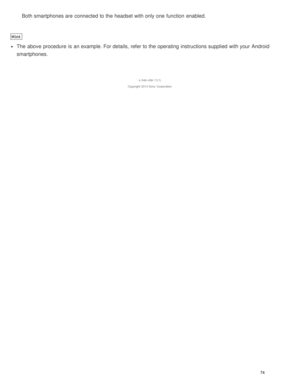 Page 78Both smartphones are  connected to the headset with only one function  enabled.
Hint
The  above  procedure  is  an example. For details, refer to the operating instructions supplied  with your  Android
smartphones.
4 -546 -438 -11(1)
Copyright  2014 Sony  Corporation
74  