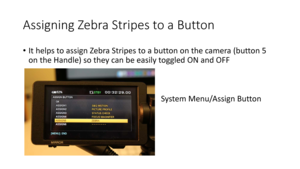 Page 48Assigning	Zebra	Stripes	to	a	Button
•It	helps	to	assign	Zebra	Stripes	to	a	button	on	the	camera	(button	5	
on	the	Handle)	so	they	can	be	easily	toggled	ON	and	 OFF
System	Menu/Assign	Button 
