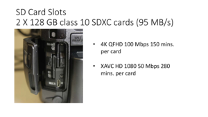 Page 9SD	Card	Slots
2	X	128	GB	class	10	SDXC	cards	(95	MB/s)
•4K	QFHD	100	Mbps	150	mins.	
per	card
• XAVC	HD	1080	50	Mbps	280	
mins.	per	card 