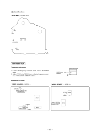 Page 17Ð 17 Ð
VIDEO SECTION
Frequency adjustment
1. Connect the frequency counter to check point of the VIDEO
board.
2. Adjust CT503 of the VIDEO board so that the frequency counter
read 27MHz ± 80Hz at STOP condition.
[ VIDEO BOARD ] Ð SIDE B Ð Adjustment Location :
[ VIDEO BOARD ] Ð SIDE A Ðfrequency counter
VIDEO board
(29 MHz)+
–
SL501IC502IC506 (27MHz)
(GND)
SL502 SL503
TEST
MODE
SL501 D502
SL502
CT503 SL503TEST MODE
VIDEO
FREQUENCY
(27MHz)
(GND)IC507 IC505
Adjustment Location :
[ BD BOARD ] Ñ SIDE B Ñ
TP...