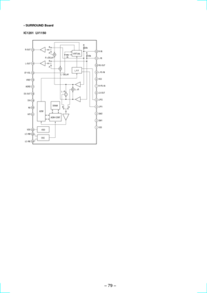 Page 49Ð 79 Ð
SRAM
VDD
OSC
ADM-CONT
ADM
L.P.F
VIRTUAL
13
14
15
16
17
18
19
20
21
22
23
24
12
11
10
9
8
7
6
3
2
1
5
4
A B
R-OUT
L-OUT
EF-VOL
VREF
AGND
DC-OUT
D/A
NS
A/D
VDD
LC-INB
LC-INER-IN
L-IN
RS-OUT
L-FS-IN
VCC
R-PS-IN
LS-OUT
LPF2
LPF1
SW2
SW1
VSS A B
A B R +DELAY
L –DELAY2k50k
50k
L +R
L –R
¥ SURROUND Board
IC1201  LV1150 