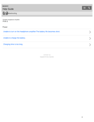 Page 36Portable Headphone Amplifier
PHA-3
Power Unable to turn on the headphone  amplifier/The battery life  becomes short.
Unable to charge the battery.
Charging time is too long.
4 -547 -524 -11(4)
Copyright  2014 Sony  Corporation
Help Guide
Troubleshooting
31  
