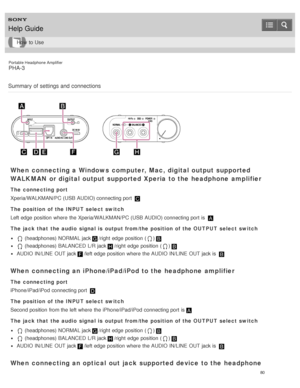 Page 85Portable Headphone Amplifier
PHA-3
Summary  of settings and  connections
When  connecting a Windows  computer, Mac, digital output supported
WALKMAN or digital output supported Xperia to the headphone  amplifier
The connecting port
Xperia/WALKMAN/PC (USB AUDIO) connecting port  
The position of the INPUT select switch
Left edge  position  where  the Xperia/WALKMAN/PC (USB AUDIO) connecting port  is  
The jack that  the audio  signal is  output from/the position of the OUTPUT select switch
 (headphones)...