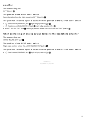 Page 86amplifier
The connecting port
OPT IN port  
The position of the INPUT select switch
Second position  from the right  where  the OPT IN port  is
The jack that  the audio  signal is  output from/the position of the OUTPUT select switch
 (headphones) NORMAL jack/right  edge  position  ()
 (headphones) BALANCED L/R jack/right  edge  position  ()
AUDIO IN/LINE  OUT jack/left edge  position  where  the AUDIO IN/LINE  OUT jack is  
When  connecting an analog output device to the headphone  amplifier
The...