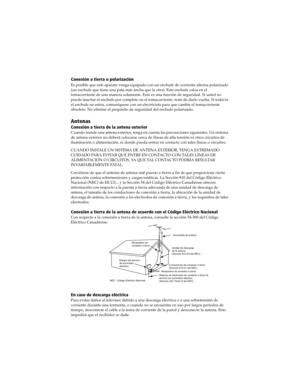 Page 66 User Guide
Conexión a tierra o polarización
Es posible que este aparato venga equipado con un enchufe de corriente alterna polarizado 
(un enchufe que tiene una pata más ancha que la otra). Este enchufe calza en el 
tomacorriente de una manera solamente. Esto es una función de seguridad. Si usted no 
puede insertar el enchufe por completo en el tomacorriente, trate de darlo vuelta. Si todavía 
el enchufe no entra, comuníquese con un electricista para que cambie el tomacorriente 
obsoleto. No elimine el...