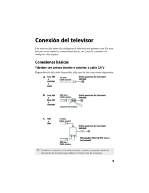 Page 73 Conexión del televisor
3
Conexión del televisor
Lea esta sección antes de configurar el televisor por primera vez. En esta 
sección se incluyen las conexiones básicas, así como la conexión de 
cualquier otro equipo.
Conexiones básicas
Televisor con antena interior o exterior, o cable CATV
Dependiendo del cable disponible, elija una de las conexiones siguientes:
Si realiza la conexión a una antena interior o exterior, es preciso ajustar la 
orientación de la antena para obtener el mejor nivel de...