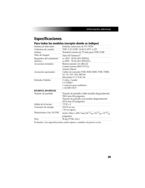 Page 99 Información adicional
29
Especificaciones
Para todos los modelos (excepto donde se indique)
El diseño y las especificaciones están sujetos a cambios sin previo aviso.Sistema de televisión
Estándar americano de TV/NTSC
Cobertura de canales VHF: 2-13/UHF: 14-69/CATV: 1-125
Antena Terminal externo de 75 ohm para VHF/UHF
Tubo de imagen
Tu b o   F D   Tr i n i t r o n
®
Requisitos del suministro 
eléctricoca 120V  60 Hz (KV-25FS12)
ca 220V  50 Hz (KV-25FS12C)
Accesorios incluidos Batería tamaño AA (R6) (2)...