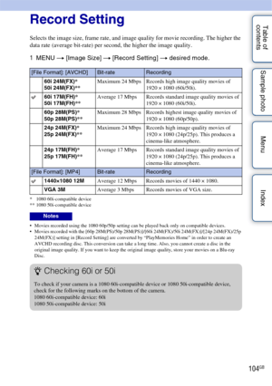Page 104104GB
Table of 
contents Sample photo Menu IndexRecord Setting
Selects the image size, frame rate, and image quality for movie recording. The higher the 
data rate (average bit-rate) per second, the higher the image quality.
1
MENU  t [Image Size]  t [Record Setting] t  desired mode.
* 1080 60i-compatible device
** 1080 50i-compatible device
 Movies recorded using the 1080 60p/50p setting can be played back only on compatible devices.
 Movies recorded with the [60p 28M(PS)/50p 28M(PS)]/[60i 24M(FX)/50i...