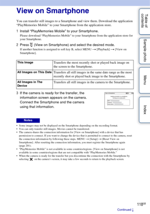 Page 118118GB
Table of 
contents Sample photo Menu IndexView on Smartphone
You can transfer still images to a Smartphone and view them. Download the application 
“PlayMemories Mobile” to your Smartphone from the application store.
 Some images may not be displayed on the Smartphone depending on the recording format.
 You can only transfer still images. Movies cannot be transferred.
 The camera shares the connection information for [View on Smartphone] with a device that has 
permission to connect. If you want to...