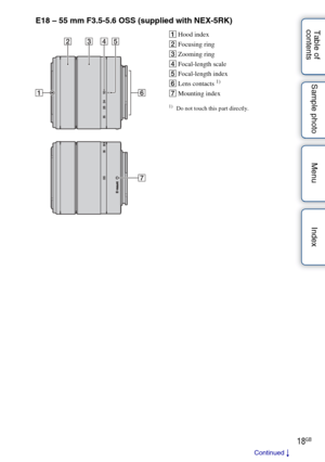 Page 1818GB
Table of 
contents Sample photo Menu IndexE18 – 55 mm F3.5-5.6 OSS (supplied with NEX-5RK)
A
Hood index
B Focusing ring
C Zooming ring
D Focal-length scale
E Focal-length index
F Lens contacts 
1)
GMounting index
1)Do not touch this part directly.
Continued  r 