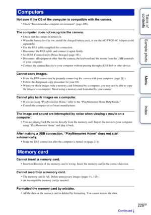 Page 226226GB
Table of 
contents Sample photo Menu Index
Not sure if the OS of the computer is compatible with the camera.
 Check “Recommended computer environment” (page 206).
The computer does not recognize the camera.
 Check that the camera is turned on.
 When the battery level is low, install the charged battery pack, or use the AC-PW20 AC Adaptor (sold 
separately).
 Use the USB cable (supplied) for connection.
 Disconnect the USB cable, and connect it again firmly.
 Set [USB Connection] to [Mass Storage]...