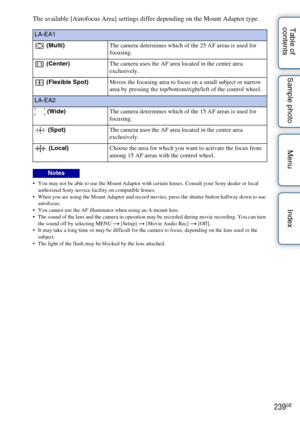 Page 239239GB
Table of 
contents Sample photo Menu IndexThe available [Autofocus Area] settings differ depending on the Mount Adaptor type.
 You may not be able to use the Mount Adaptor with certain lenses. Consult your Sony dealer or local 
authorized Sony service facility on compatible lenses.
 When you are using the Mount Adaptor and record movies, press the shutter button halfway down to use  autofocus.
 You cannot use the AF illuminator when using an A-mount lens.
 The sound of the lens and the camera in...