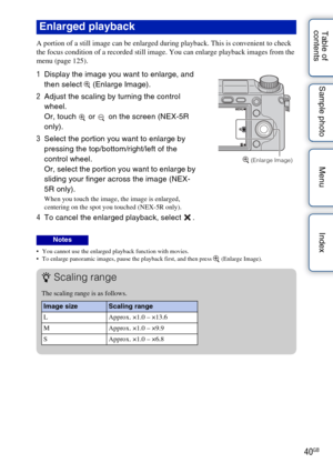 Page 4040GB
Table of 
contents Sample photo Menu Index
A portion of a still image can be enlarged during playback. This is convenient to check 
the focus condition of a recorded still image. You can enlarge playback images from the 
menu (page 125).
 You cannot use the enlarged playback function with movies.
 To enlarge panoramic images, pause the playback first, and then press  (Enlarge Image).
Enlarged playback
1
Display the image you want to enlarge, and 
then select   (Enlarge Image).
2 Adjust the scaling...