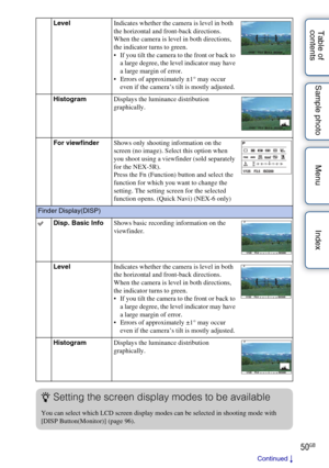 Page 5050GB
Table of 
contents Sample photo Menu IndexLevel
Indicates whether the camera is level in both 
the horizontal and front-back directions. 
When the camera is level in both directions, 
the indicator turns to green.
 If you tilt the camera to the front or back to 
a large degree, the level indicator may have 
a large margin of error.
 Errors of approximately ±1° may occur  even if the camera’s tilt is mostly adjusted.
Histogram Displays the luminance distribution 
graphically.
For viewfinder Shows...