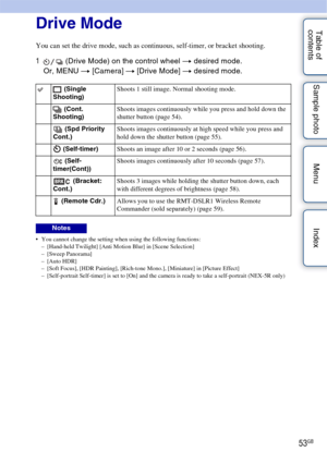 Page 5353GB
Table of 
contents Sample photo Menu IndexDrive Mode
You can set the drive mode, such as continuous, self-timer, or bracket shooting.
1
 (Drive Mode) on the control wheel  t desired mode.
Or, MENU t  [Camera] t [Drive Mode]  t desired mode.
 You cannot change the setting when using the following functions:
– [Hand-held Twilight] [Anti Motion Blur] in [Scene Selection]
– [Sweep Panorama]
– [Auto HDR]
– [Soft Focus], [HDR Painting], [Rich-tone Mono.], [Miniature] in [Picture Effect]
– [Self-portrait...