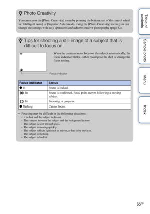 Page 6565GB
Table of 
contents Sample photo Menu IndexzPhoto Creativity
You can access the [Photo Creativity] menu by pressing the bottom part of the control wheel 
in [Intelligent Auto] or [Superior Auto] mode. Using the [Photo Creativity] menu, you can 
change the settings with easy operations and achieve creative photography (page 42).
zTips for shooting a still image of a subject that is 
difficult to focus on
 Focusing may be difficult in the following situations:– It is dark and the subject is distant.
–...