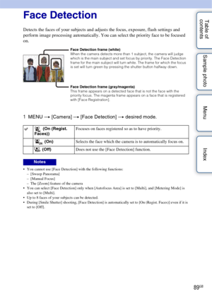 Page 8989GB
Table of 
contents Sample photo Menu IndexFace Detection
Detects the faces of your subjects and adjust
s the focus, exposure, flash settings and 
perform image processing automatically. You can select the priority face to be focused 
on.
1 MENU  t [Camera]  t [Face Detection]  t desired mode.
 You cannot use [Face Detection] with the following functions:
– [Sweep Panorama]
–[Manual Focus]
– The [Zoom] feature of the camera
 You can select [Face Detection] only when [Autofocus Area] is set to...