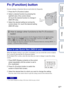 Page 6262GB
Table of 
contents Sample photo Menu Index
Using functions with the Fn button
Fn (Function) button
Execute settings or functions that are used relatively frequently.
When the display setting is set to [For viewfinder], you can switch the screen to Quick 
Navi screen by pressing the Fn (Function) button. 
On the Quick Navi screen, select the item that you want to change to open the setting 
screen.
 You cannot change the settings of the items which are gray colored.
1
Press the Fn (Function) button....