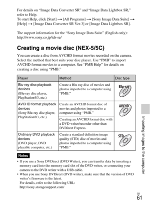 Page 61GB
61
Importing images to the computer
For details on “Image Data Converter SR” and “Image Data Lightbox SR,” 
refer to Help.
To start Help, click [Start] t [All Programs] t [Sony Image Data Suite] t 
[Help] t [Image Data Converter SR Ver.3] or [Image Data Lightbox SR].
The support information for the “Sony Image Data Suite” (English only):
http://www.sony.co.jp/ids-se/
Creating a movie disc (NEX-5/5C)
You can create a disc from AVCHD format movies recorded on the camera.
Select the method that best...