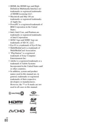 Page 80GB
80
 HDMI, the HDMI logo and High-
Definition Multimedia Interface are 
trademarks or registered trademarks 
of HDMI Licensing LLC.
 Macintosh and Mac OS are 
trademarks or registered trademarks 
of Apple Inc.
 PowerPC is a registered trademark of 
IBM Corporation in the United 
States.
 Intel, Intel Core, and Pentium are 
trademarks or registered trademarks 
of Intel Corporation.
 SDXC logo and SDHC logo are 
trademarks of SD-3C, LLC.
 Eye-Fi is a trademark of Eye-Fi Inc.
 MultiMediaCard is a...