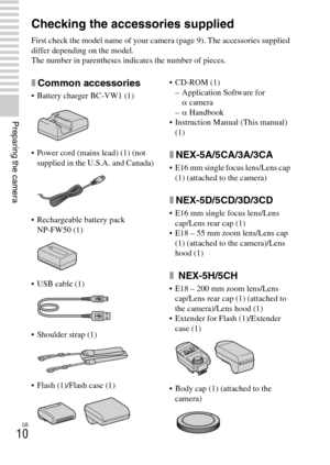 Page 10GB
10
Preparing the camera
Preparing the camera
Checking the accessories supplied
First check the model name of your camera (page 9). The accessories supplied 
differ depending on the model.
The number in parentheses indicates the number of pieces.
xCommon accessories
 Battery charger BC-VW1 (1)
 Power cord (mains lead) (1) (not 
supplied in the U.S.A. and Canada)
 Rechargeable battery pack 
NP-FW50 (1)
 USB cable (1)
 Shoulder strap (1)
 Flash (1)/Flash case (1)
– Application Software for 
αcamera...