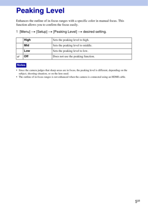Page 55GB
Peaking Level
Enhances the outline of in-focus ranges with a specific color in manual focus. This 
function allows you to  confirm the focus easily.
1[Menu]  t [Setup]  t [Peaking Level]  t desired setting.
 Since the camera judges that sharp areas are in focus, the peaking level is different, depending on the 
subject, shooting situation, or on the lens used.
 The outline of in-focus ranges is not enhanced when the camera is connected using an HDMI cable.
High Sets the peaking level to high.
Mid...