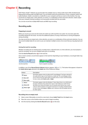 Page 37RECORDING | 31
Chapter 5Recording
ACID® Music Studio™ software can record audio into multiple mono or stereo audio tracks while simultaneously 
playing back existing audio and MIDI tracks. You are limited only by the performance of your computer system and 
audio hardware. Audio is recorded to a media file on your computer and into an event on the timeline. You may 
record into an empty track, a time selection, an event, or a combination of time and event selection. Audio output 
from your computer...