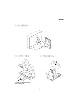 Page 1313
KV-29X5
2-4. H1 BOARD REMOVAL  2-5. S1 BOARD REMOVAL 
2-3.  SERVICE POSITION
To release, push the claws in the direction
of the arrow as indicated.
 Release the clip indicated. 