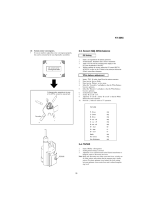 Page 1919
KV-29X5
a-d: screen-corner
convergence defect
a
b
cd
c
a
d
b
Fit the permalloy assembly to the rear 
of the CRT to correct the area at fault.
Permalloy
FOCUS
(4) Screen corner convergence.
• If you are unable to adjust the corner convergence properly, 
this can be corrected by the use of permalloy assemblies.3-3. Screen [G2], White balance
G2 Setting
1. Input a dot signal from the pattern generator.
2. Set the Picture, Brightness and Colour to minimum.
3. Apply 170Vdc from an external power supply to...