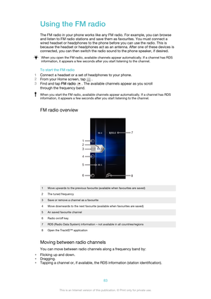 Page 83Using the FM radioThe FM radio in your phone works like any FM radio. For example, you can browse
and listen to FM radio stations and save them as favourites. You must connect a
wired headset or headphones to the phone before you can use the radio. This is
because the headset or headphones act as an antenna. After one of these devices is
connected, you can then switch the radio sound to the phone speaker, if desired.When you open the FM radio, available channels appear automatically. If a channel has...