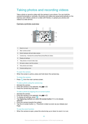 Page 85Taking photos and recording videos
Take a photo or record a video with the camera in your phone. You can hold the
camera horizontally or vertically. All photos and videos are saved automatically on the
memory card. Share a photo or a video with friends, or upload your photos and
videos to a web service.
Camera controls overview
1Zoom in or out2Main camera screen3Switch between still and video camera4Camera key – Activate the camera/Take photos/Record videos5Display all settings6Take photos or record...