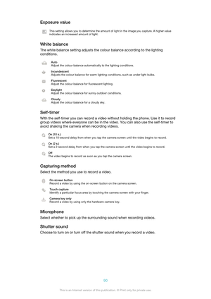 Page 90Exposure valueThis setting allows you to determine the amount of light in the image you capture. A higher value
indicates an increased amount of light.
White balance
The white balance setting adjusts the colour balance according to the lighting
conditions.
Auto
Adjust the colour balance automatically to the lighting conditions.Incandescent
Adjusts the colour balance for warm lighting conditions, such as under light bulbs.Fluorescent
Adjust the colour balance for fluorescent lighting.Daylight
Adjust the...
